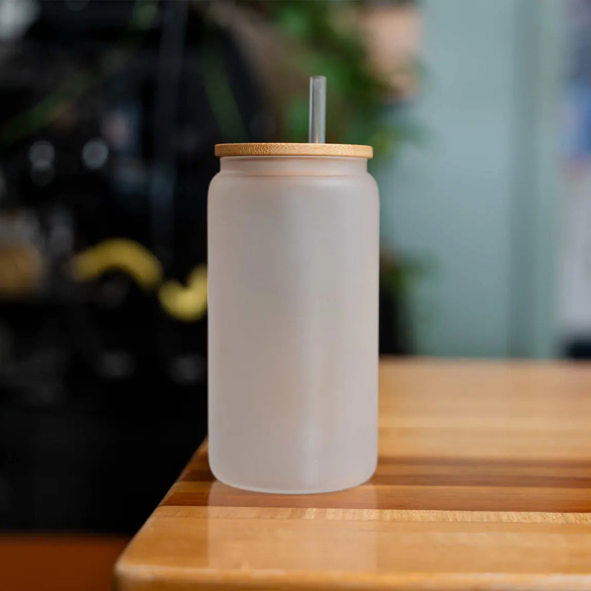 16oz Frosted Glass Can Bamboo Lid